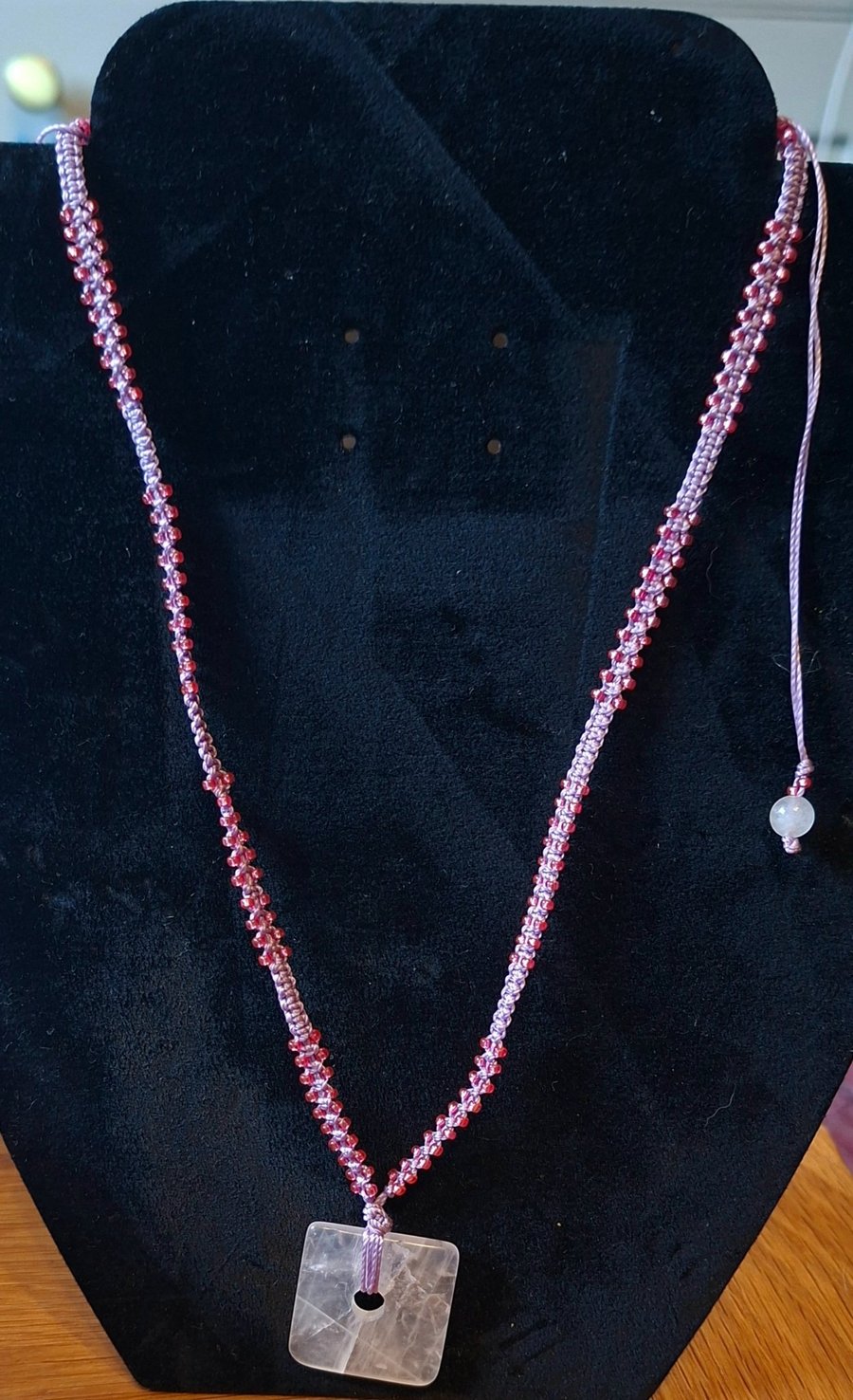 Macrame over head rose quartz necklace 