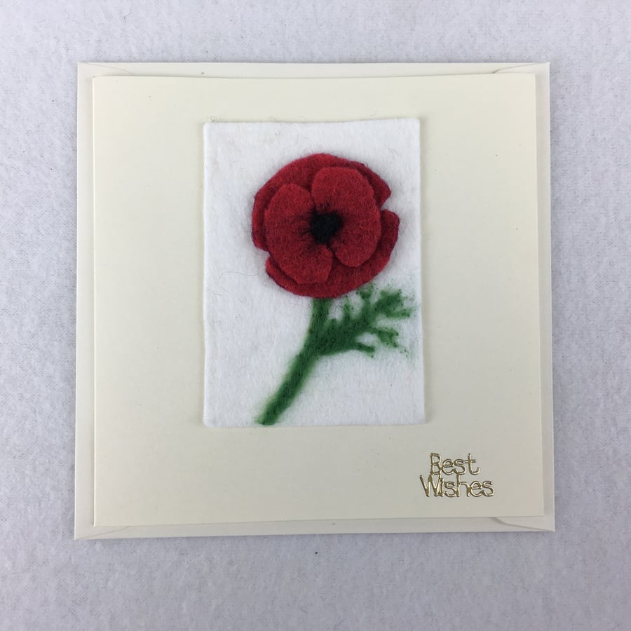 Three dimensional felt poppy card, best wishes, removable ACEO