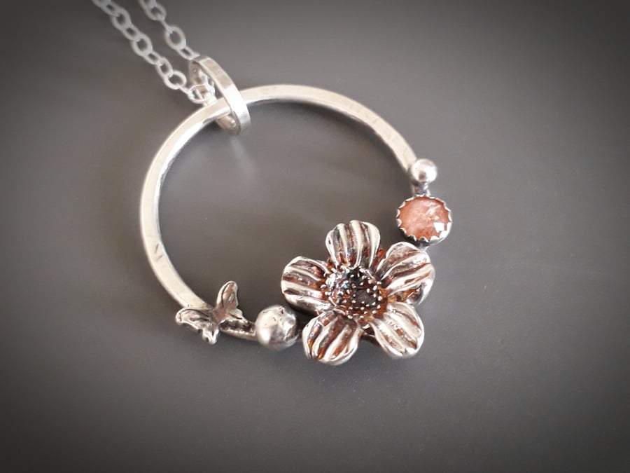 Flower Wreath, Sunstone Silver Necklace, eco conscious gift