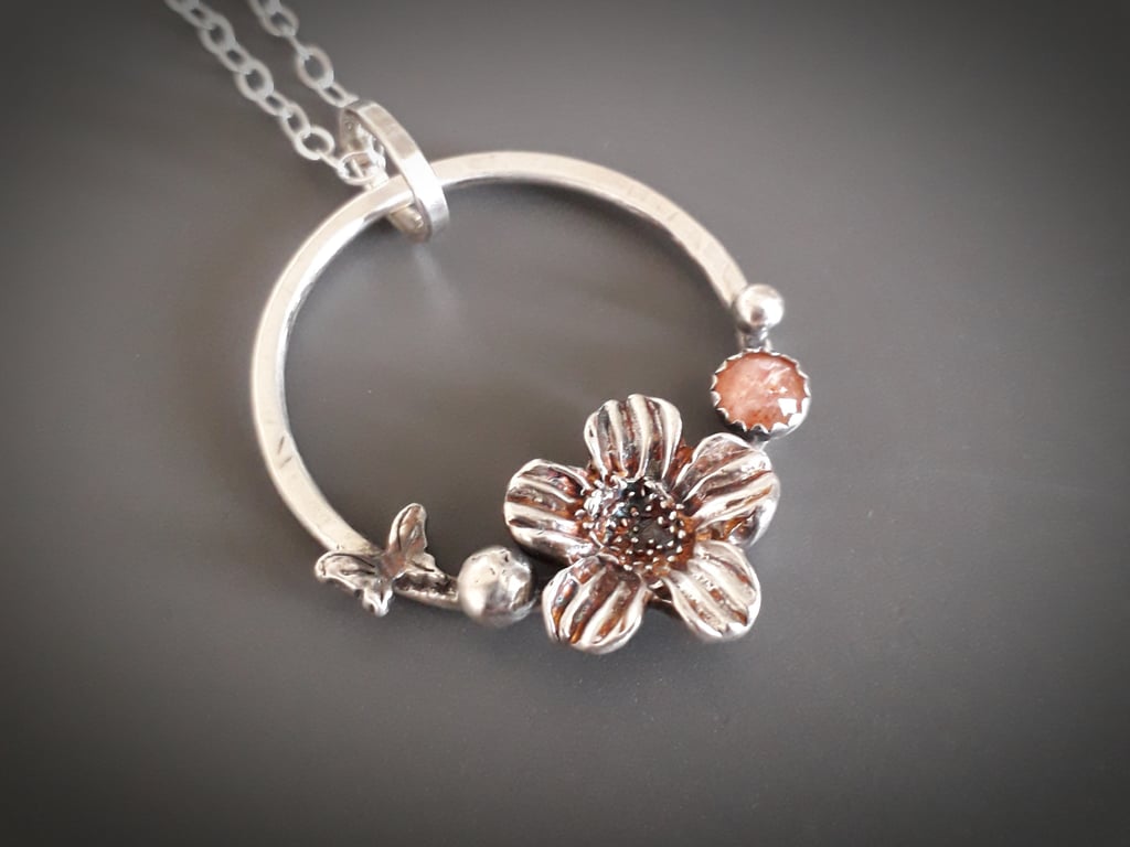Flower Wreath, Sunstone Silver Necklace, eco conscious gift