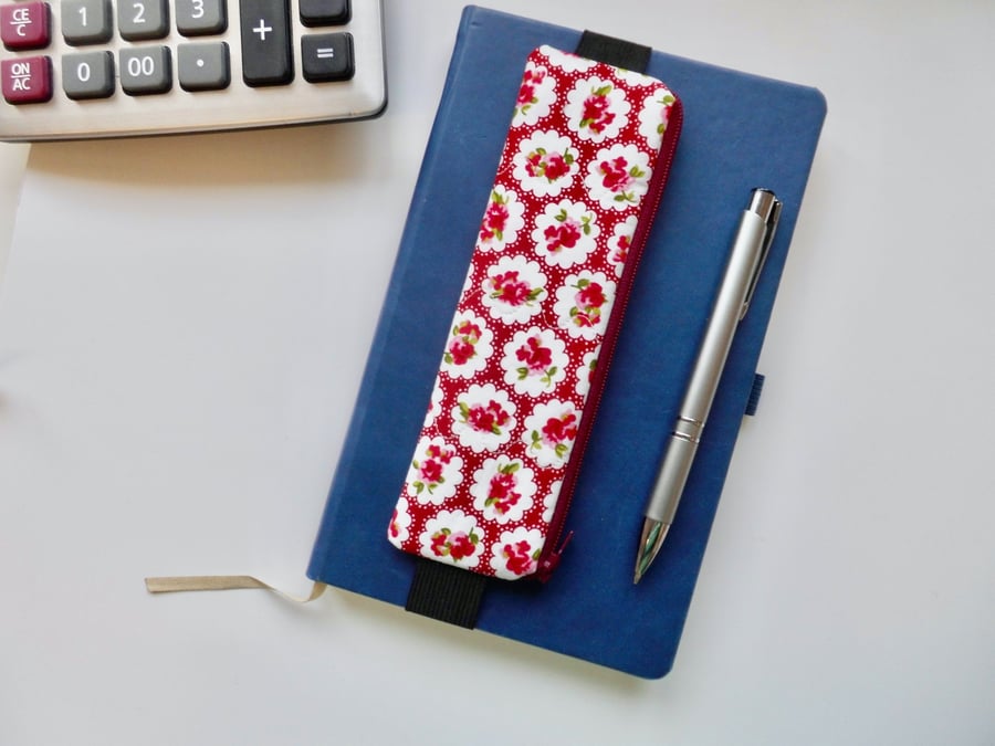 Pencil case for cover of book diary journal elasticated red floral