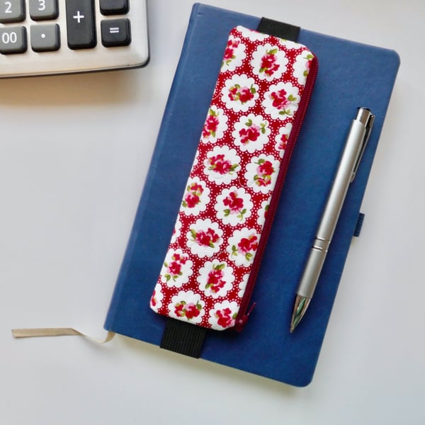 Pencil case for cover of book diary journal elasticated red floral