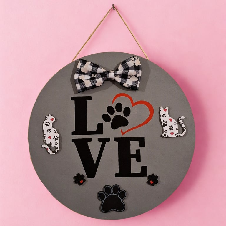 Cat LOVE Hanging Sign - Handmade Wooden Wall Plaque for Cat Lovers