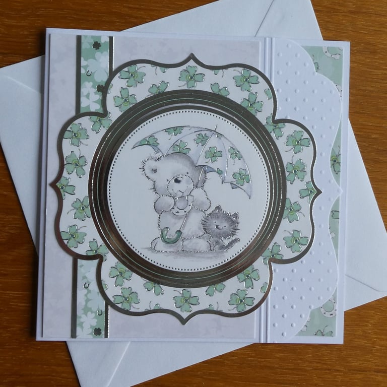 Good Luck Card - Four Leaf Clover Bear and Cat