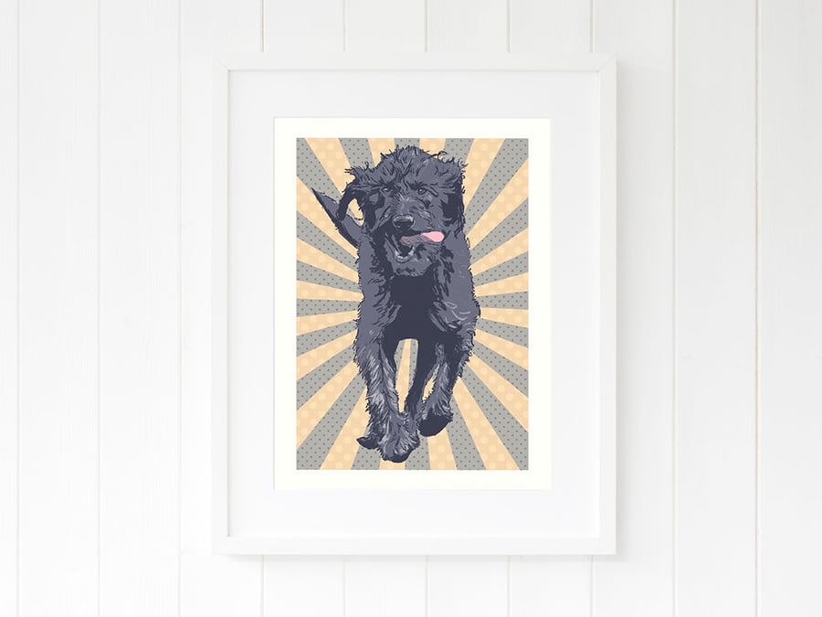 A3 Black Labradoodle, running doodle dog pop art starburst print