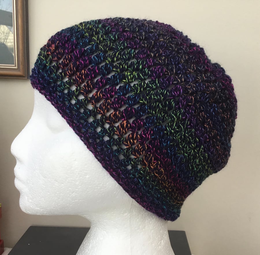 Dark Rainbow Slouchy, Beanie or Soft Beret Crocheted Hat in Designer Yarn.