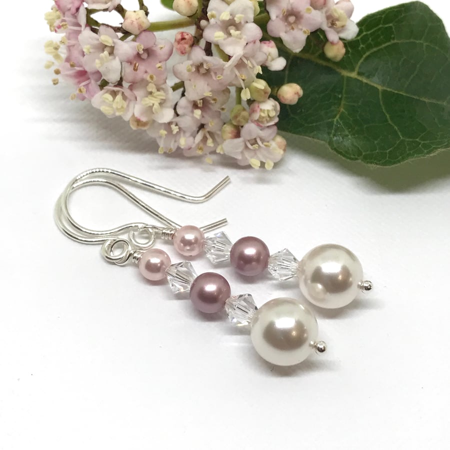 Sterling Silver Pearl Earrings, White, Pink, Swarovski® Crystals