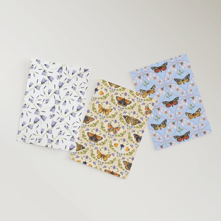 Nature greetings cards - pack of 3 blank notelets, A6 size, flowers, butterflies