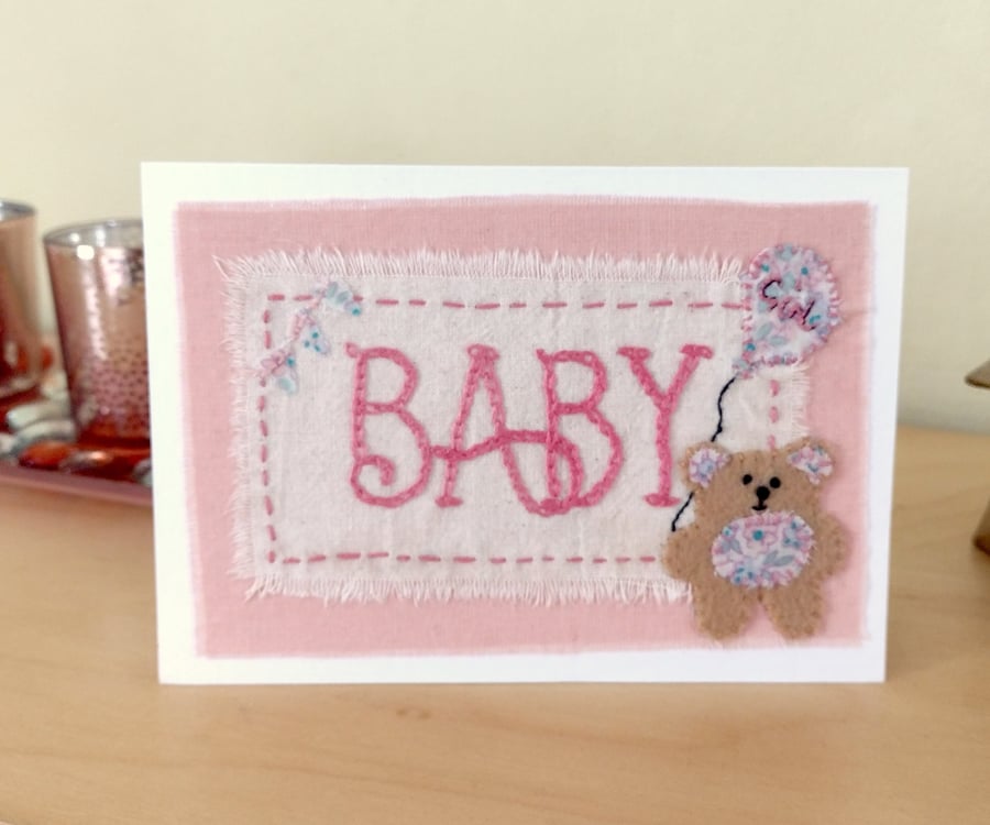 Teddy Bear Baby Girl Card - Hand-Stitched - New Baby - Congratulations 