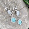 Teal & White Sea Glass Sterling Silver Double Drop Earrings - 1174