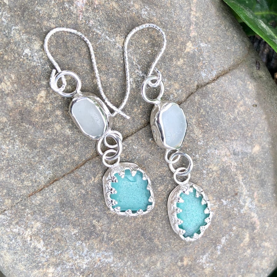 Teal & White Sea Glass Sterling Silver Double Drop Earrings - 1174