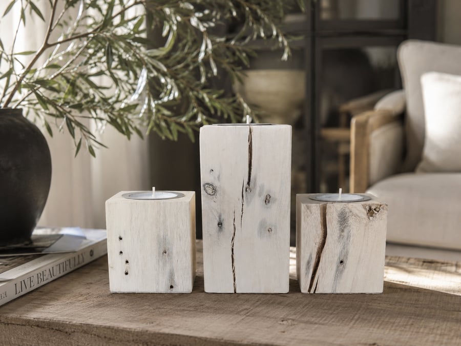 Whitewash Reclaimed Wood Rustic Tealight Holder Set Upcycled Pallet Wood Candles