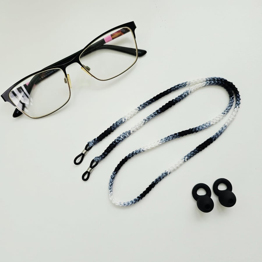 Cotton Cord Cloudy Grey, Black & White Eyeglasses Chain and Earplugs Strap