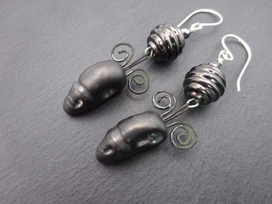 lampwork glass earrings, ceramic skull jewellery, sterling silver