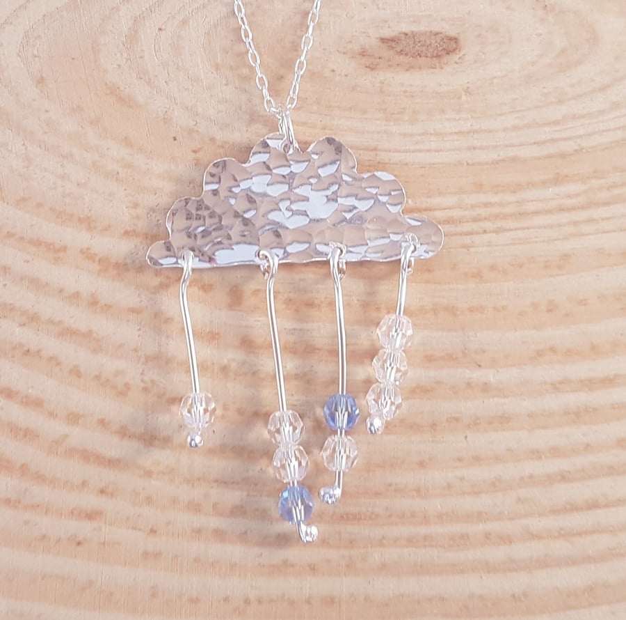 Sterling Silver Hammered Rain Cloud Necklace With Swarovski Elements