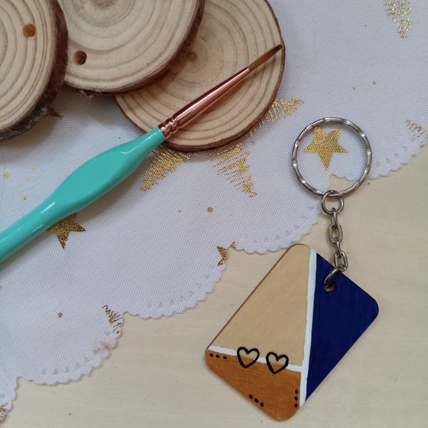 Wooden rectangular simple heart keyring 