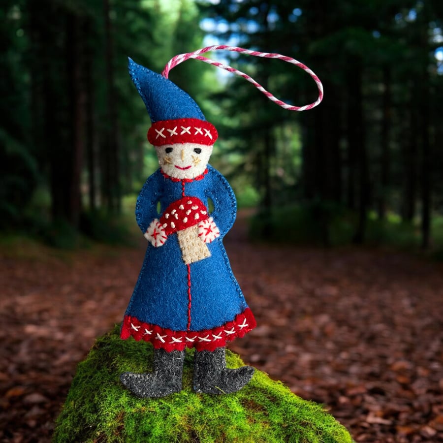 Festive Felt Decoration Elf Holding a Toadstool  All natural products