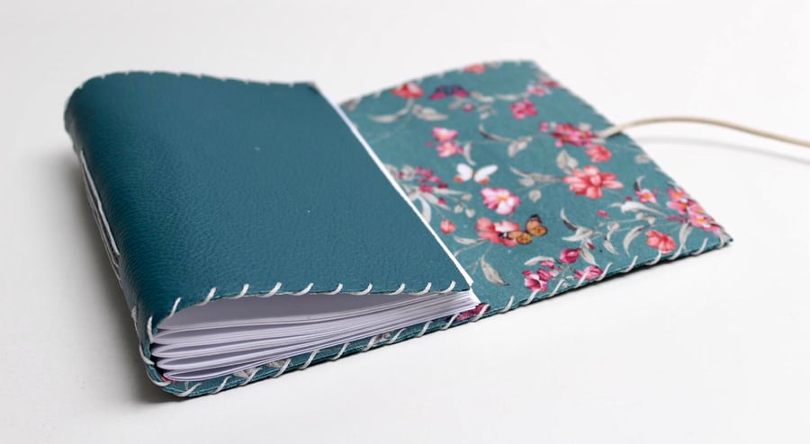 A6 Fold Over Blue green Leather handmade notebook floral fabric lining  paper 