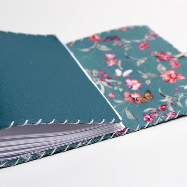 A6 Fold Over Blue green Leather handmade notebook floral fabric lining  paper 
