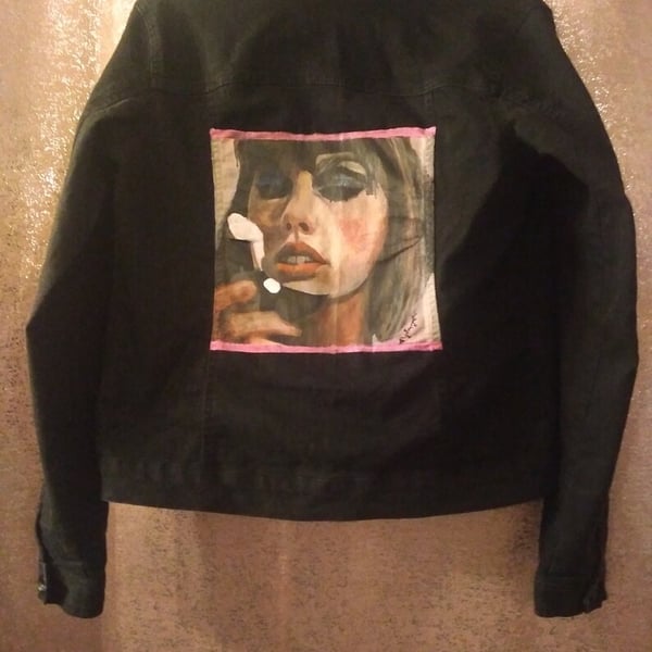 Taylor Swift unofficial, hand - painted, ladies black denim-look jacket size 12