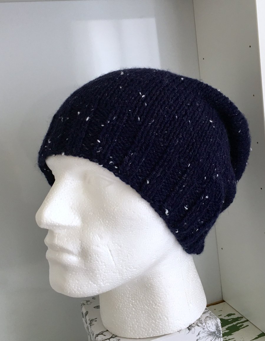 Men's Blue Knitted Outdoor Wool Winter Slouchy Beanie Hat