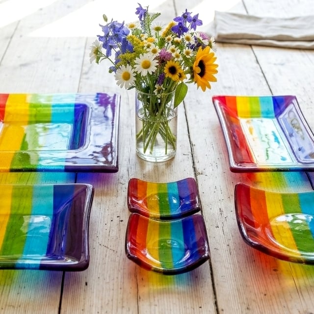 Handmade Fused Glass Rainbow Striped Bowl - Colourful Glass Dish - Rainbow Decor