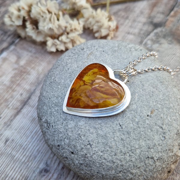 Sterling Silver Orange Surfite Heart Necklace.