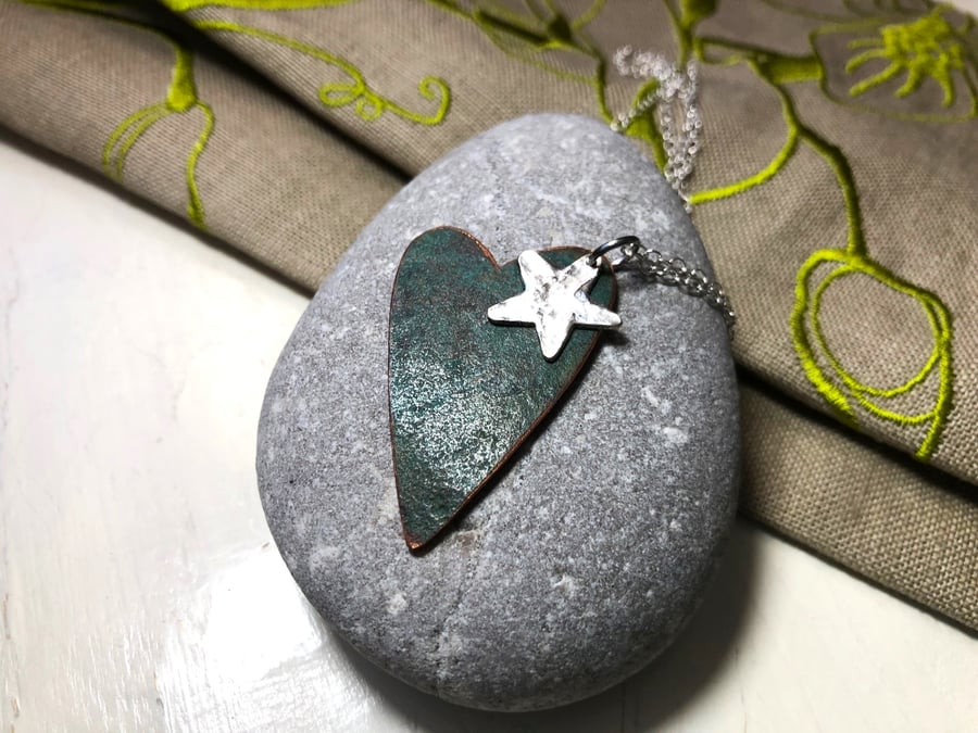 Copper Heart Pendant with Sterling Silver Star Charm & Sterling Silver Chain