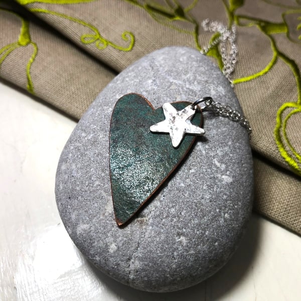 Copper Heart Pendant with Sterling Silver Star Charm & Sterling Silver Chain