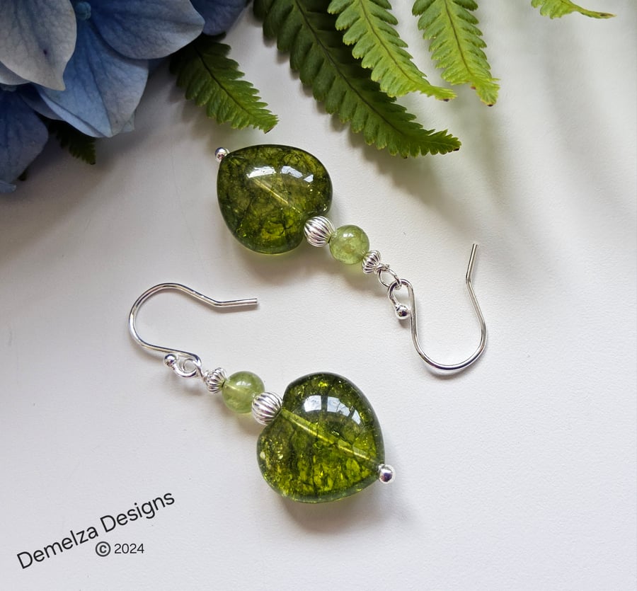 Designer Large Heart Cut Hand Made Peridot Sterling Silver Earrings