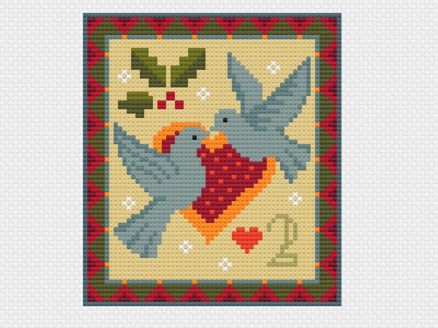 094B Cross Stitch 12 days of Christmas carol, 2nd Day, two turtle doves mini