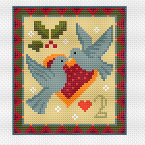 094B Cross Stitch 12 days of Christmas carol, 2nd Day, two turtle doves mini