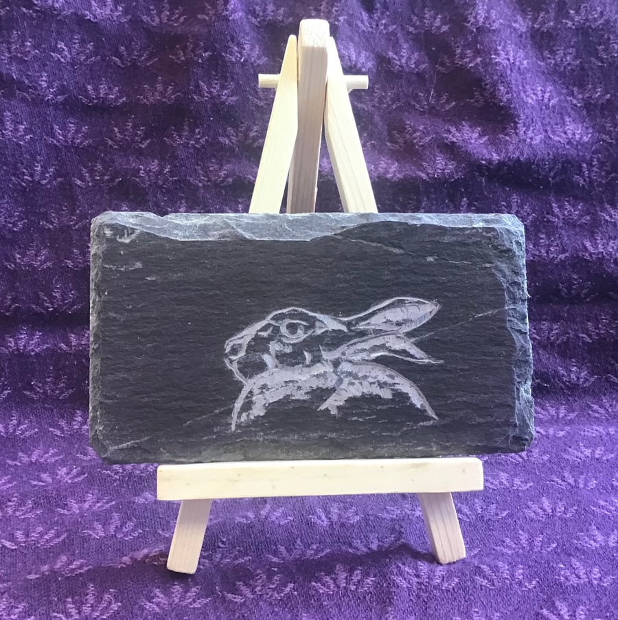 Little round Hare - original art hand carved on slate