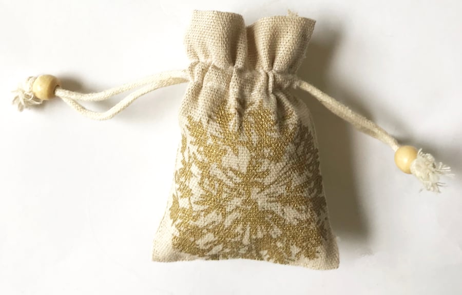 Gold Allium flower handprinted drawstring natural cotton small gift  bag