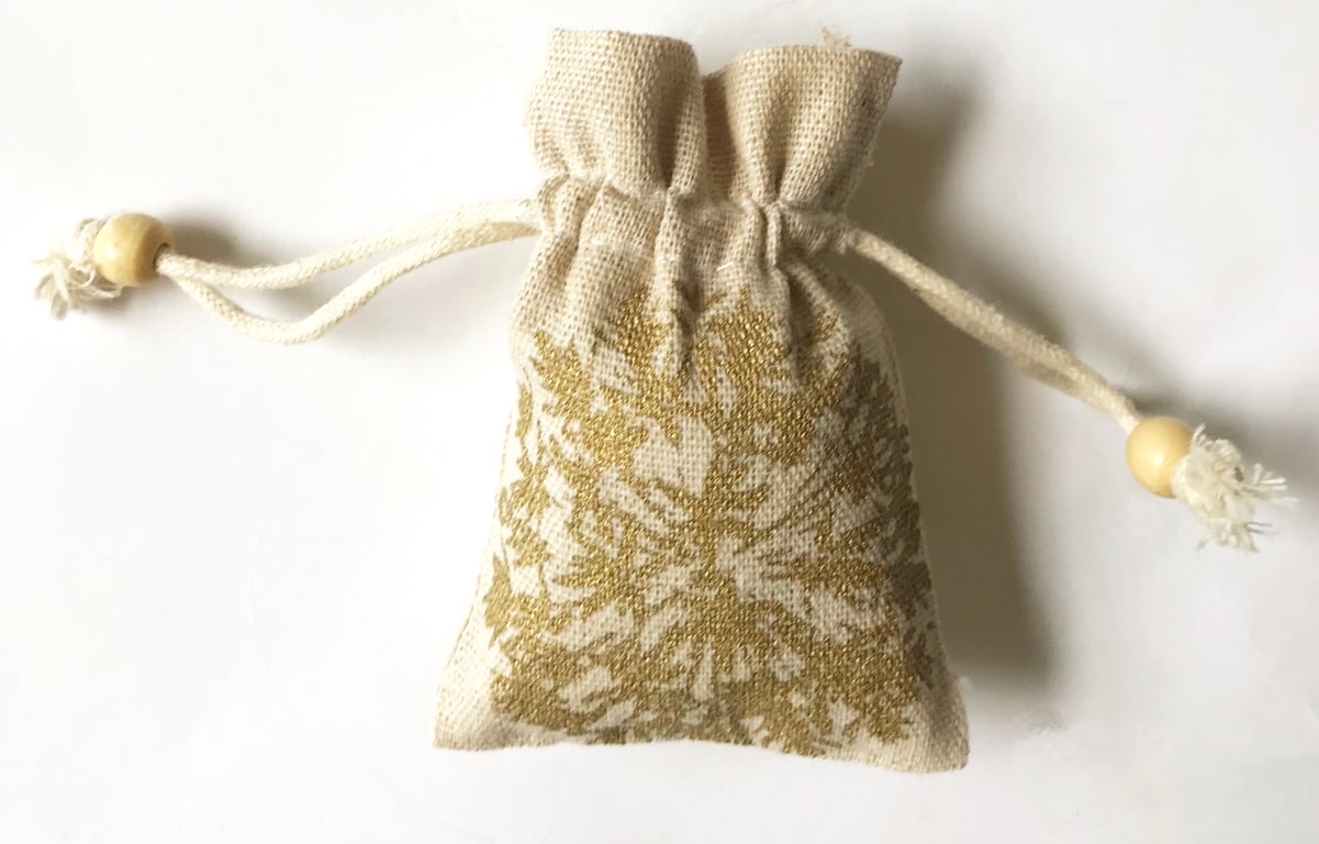 Gold Allium flower handprinted drawstring natural cotton small gift  bag