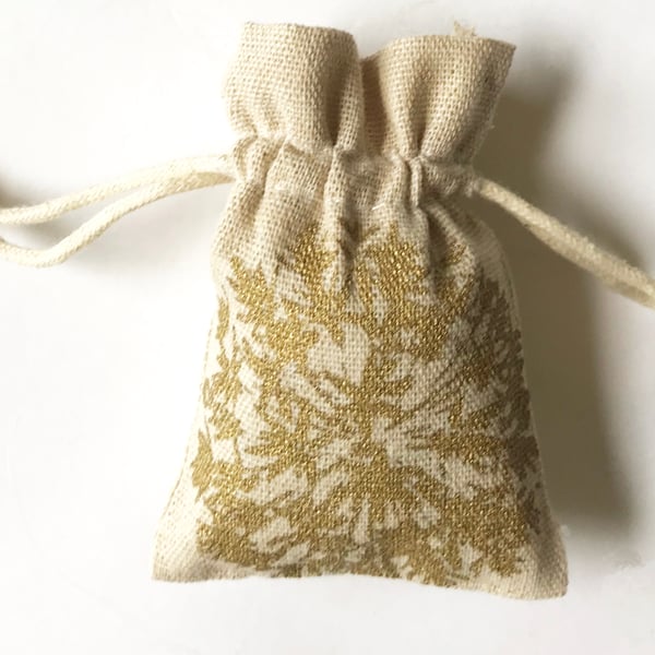 Gold Allium flower handprinted drawstring natural cotton small gift  bag