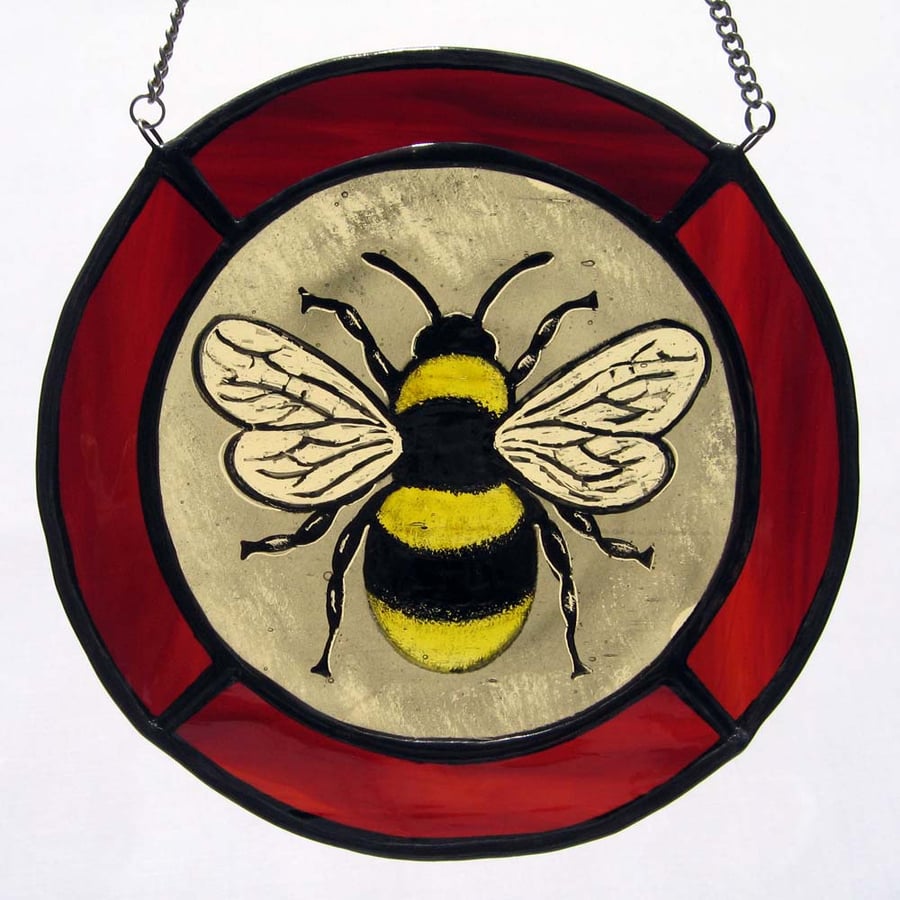 Bumblebee Stained Glass Roundel with Red Surround