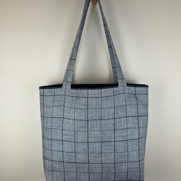 Osborne & Little Blue Check Fabric Tote, Linen Viscose Shopping Bag