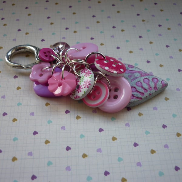 SHADES OF PINK AND SILVER, BUTTON HANDBAG CHARM.