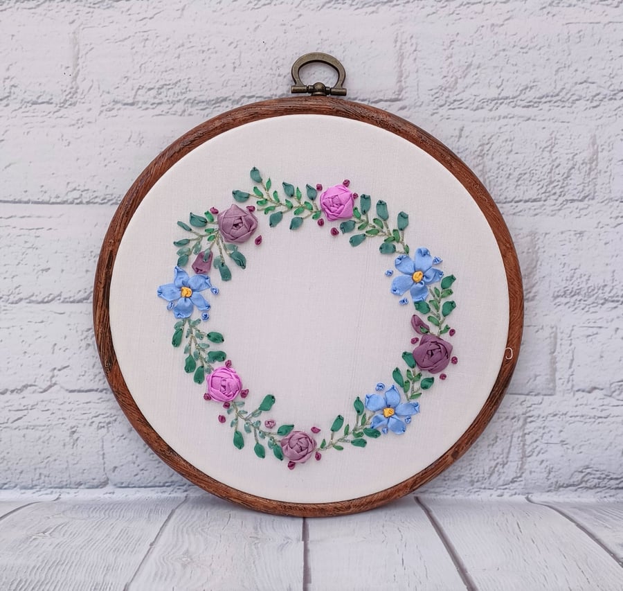 Silk Ribbon Roses and Forget Me Nots Hand Embroidered Wreath Hoop