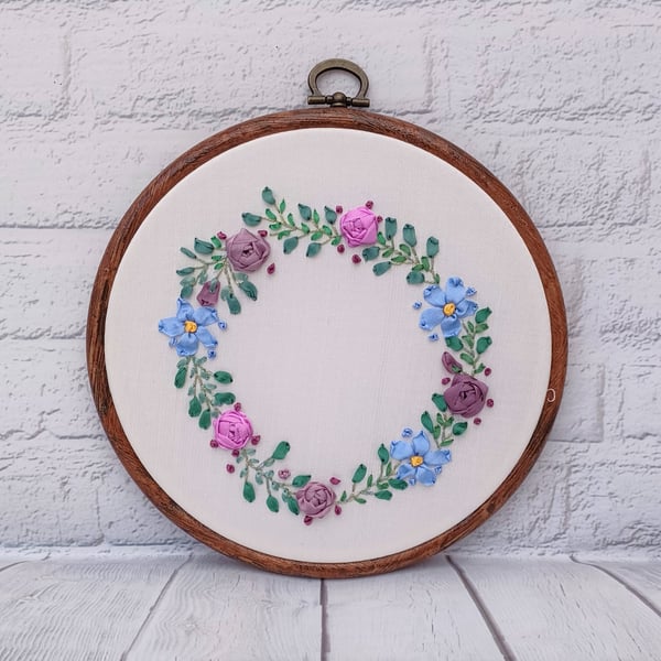 Silk Ribbon Roses and Forget Me Nots Hand Embroidered Wreath Hoop