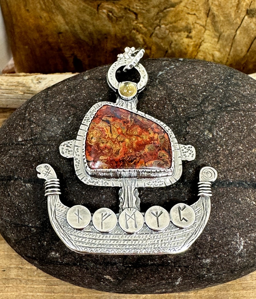 Viking Ship Pendant with Hungarian Agate and Citrine