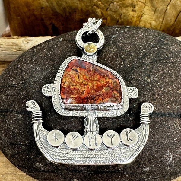 Viking Ship Pendant with Hungarian Agate and Citrine