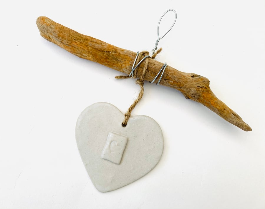Ceramic Driftwood, Loveheart hanger, pottery, gift idea, birthday, clay, 