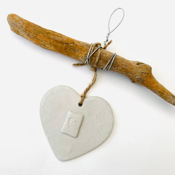 Ceramic Driftwood, Loveheart hanger, pottery, gift idea, birthday, clay, 