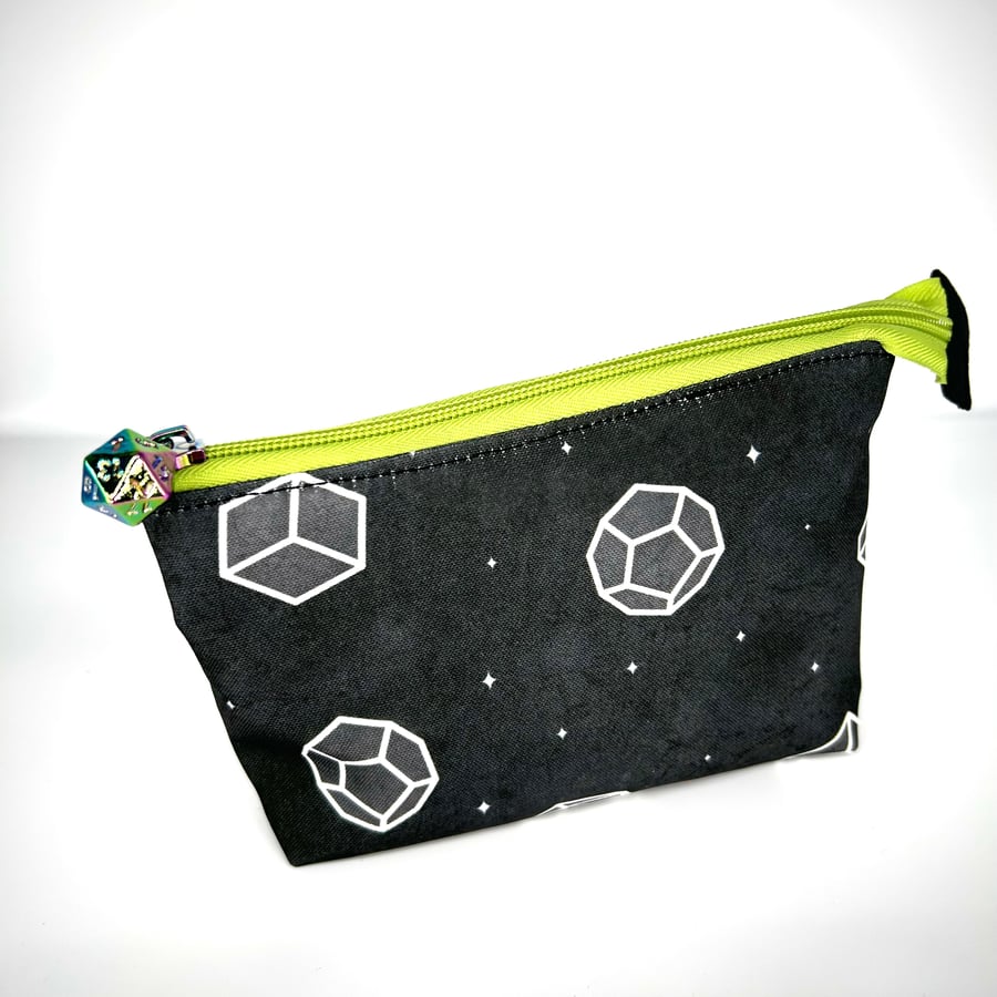 Cosmetic bag with DnD dice print, Lime green zipper and D20 zipper pull.