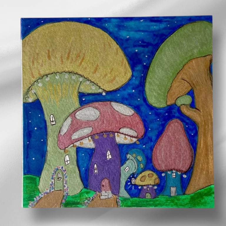 Fantasy Mushroom Village Card. Blank Greetings Card. 