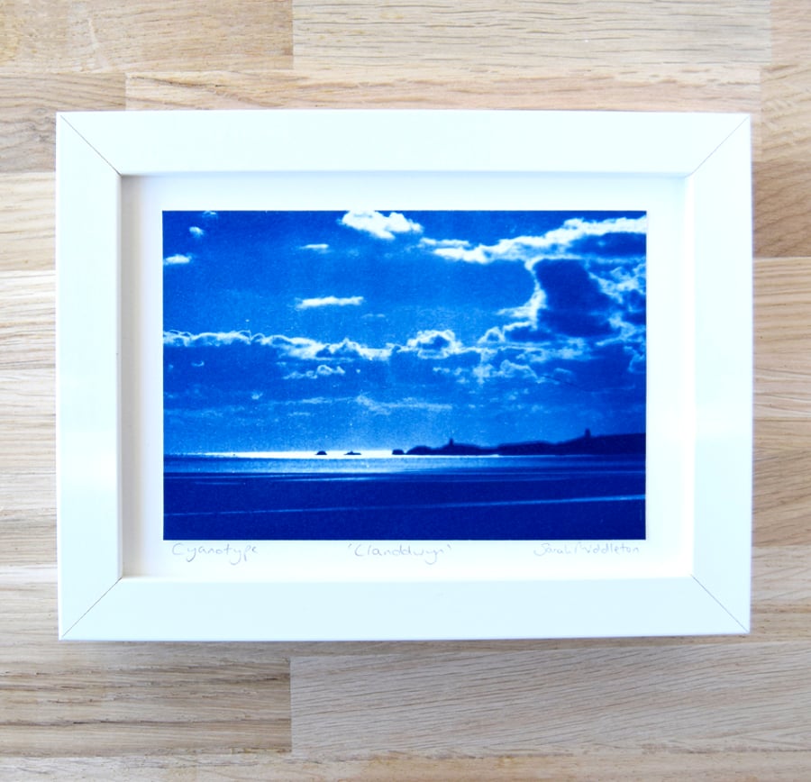 Framed Cyanotype Llanddwyn silhouette, Anglesey Welsh Seascape Blue and White 