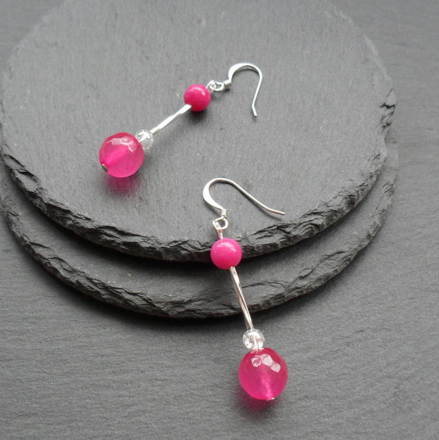 Hot Pink Drop Dangle Quartz Earrings Silver Plate