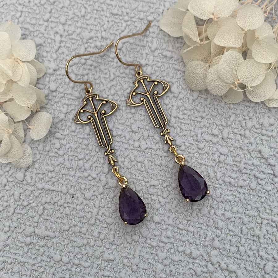 Vintage Style Antique Gold and Purple Glass Crystal Drop Earrings